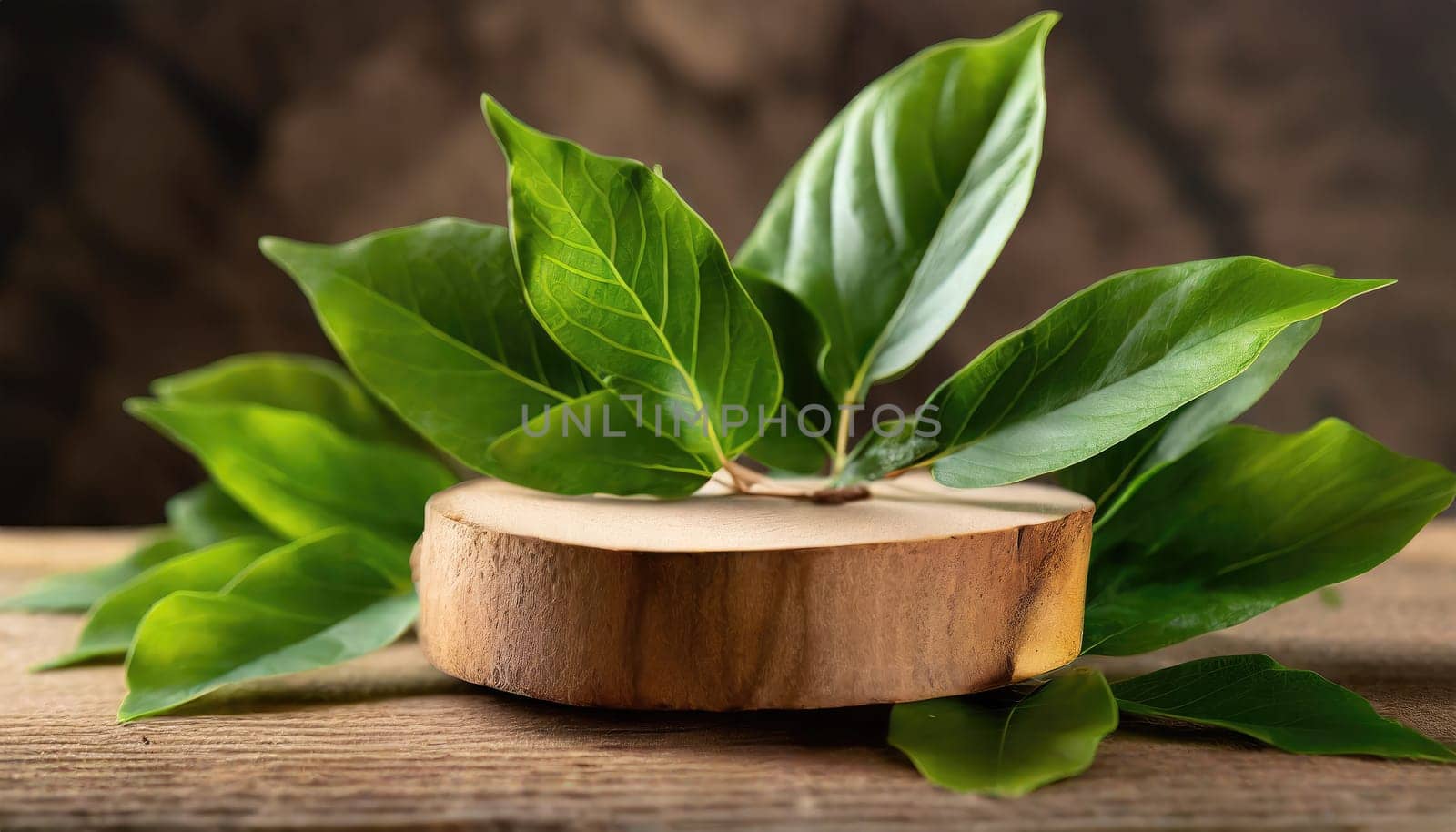 wood podium with green leaves for organic health products placement display mokcup template. 