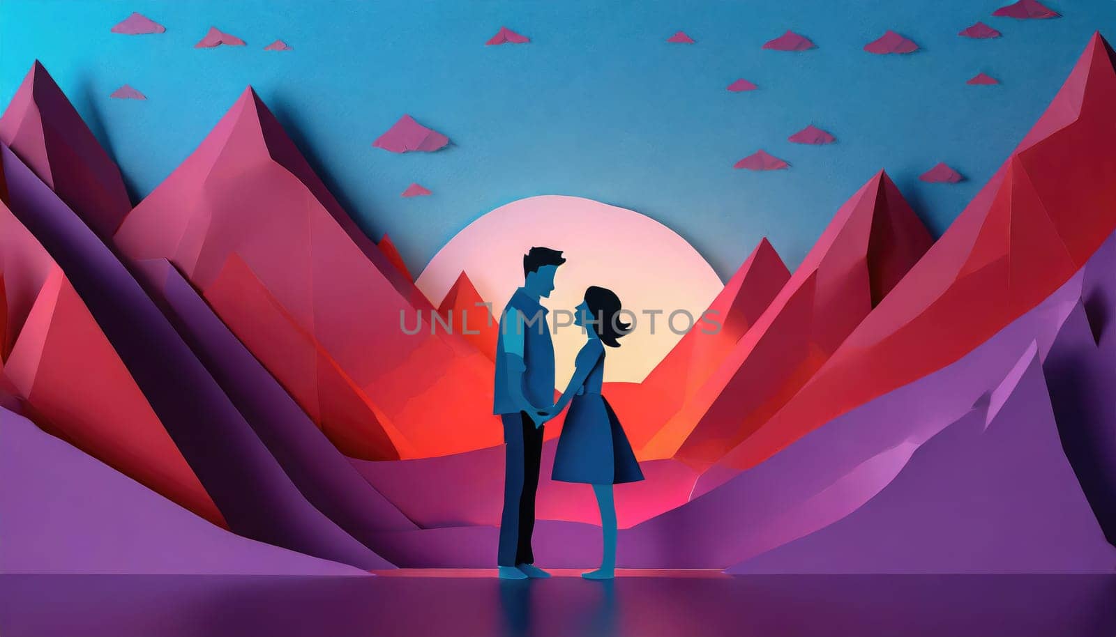  a couple, valentine concept, paper origami cool colors backlighting. by PeaceYAY