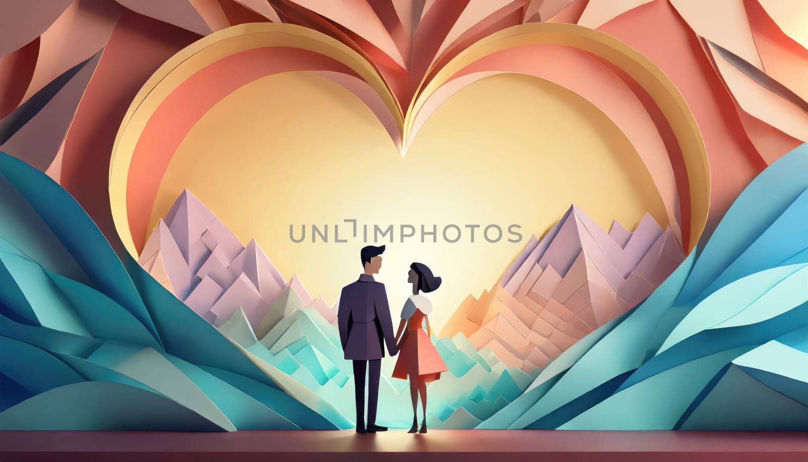  a couple, valentine concept, paper origami cool colors backlighting, paper art.