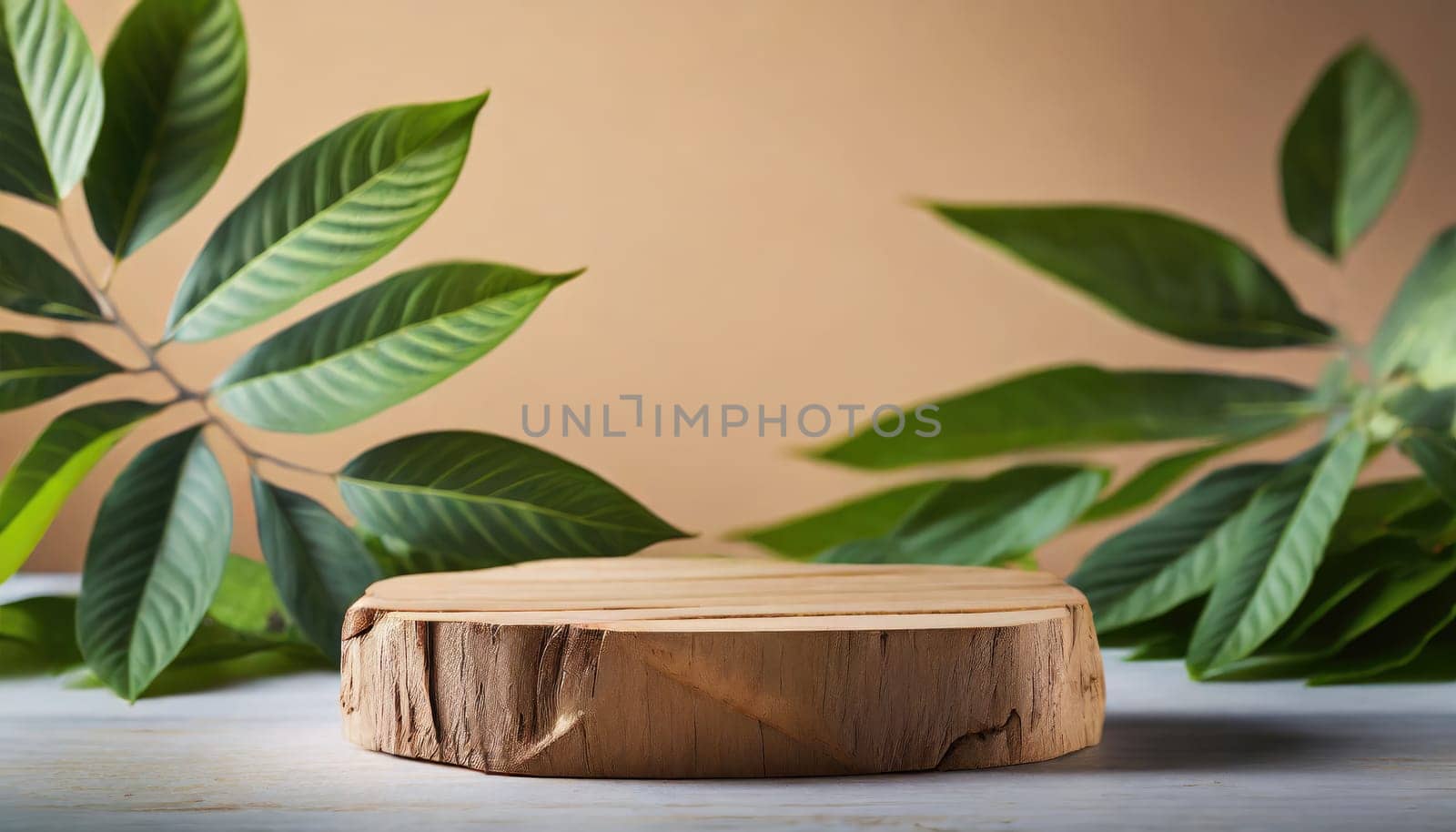 wood podium with green leaves for organic health products placement display mokcup template. 