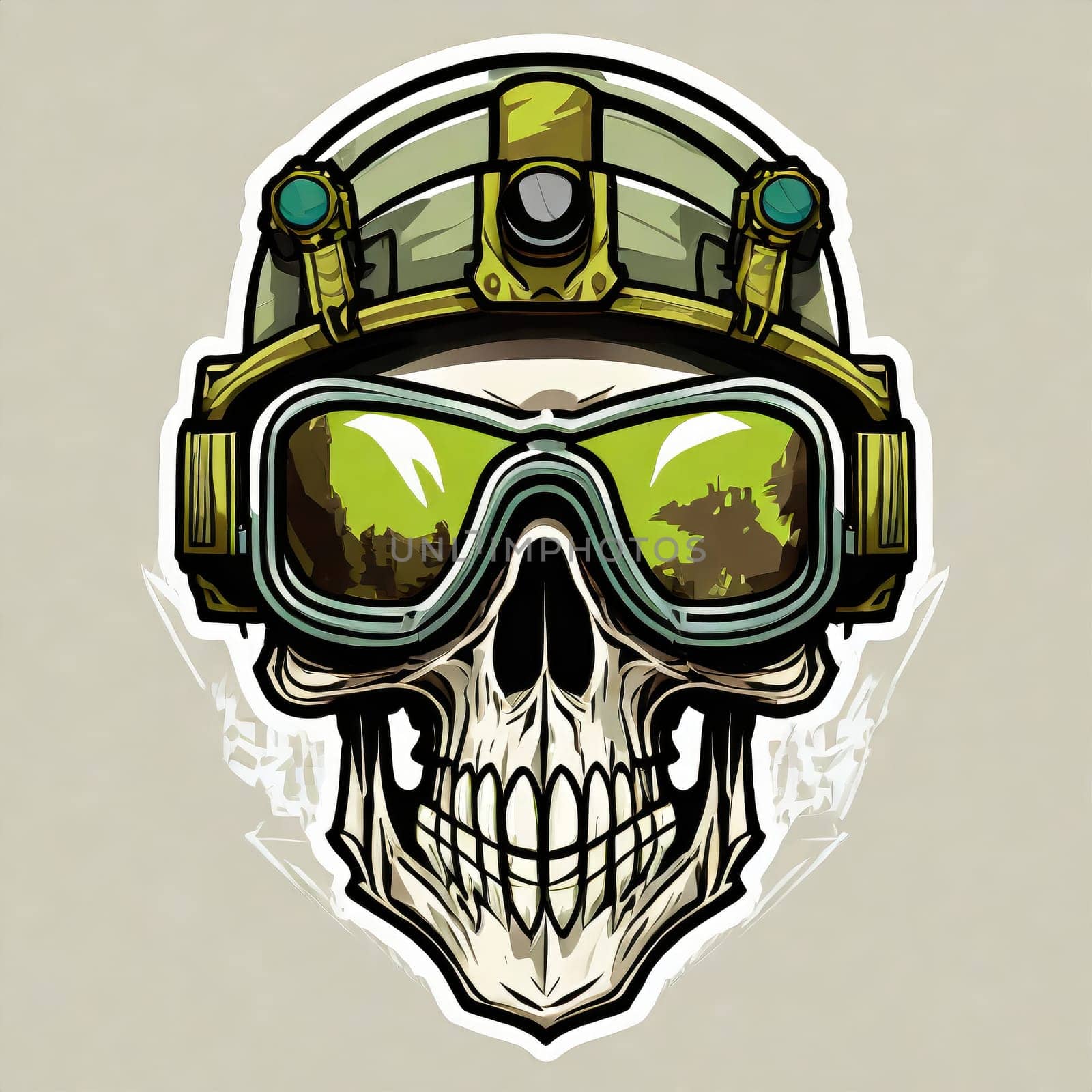 military logo skull night vision goggle, sticker for shirt or product design, on white white background 