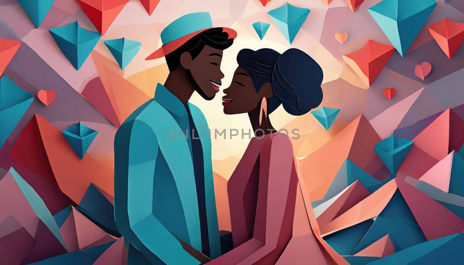  a couple, valentine concept, paper origami cool colors backlighting, paper art.