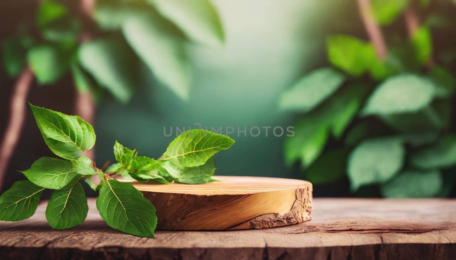 wood podium with green leaves for organic health products placement display mokcup template. 