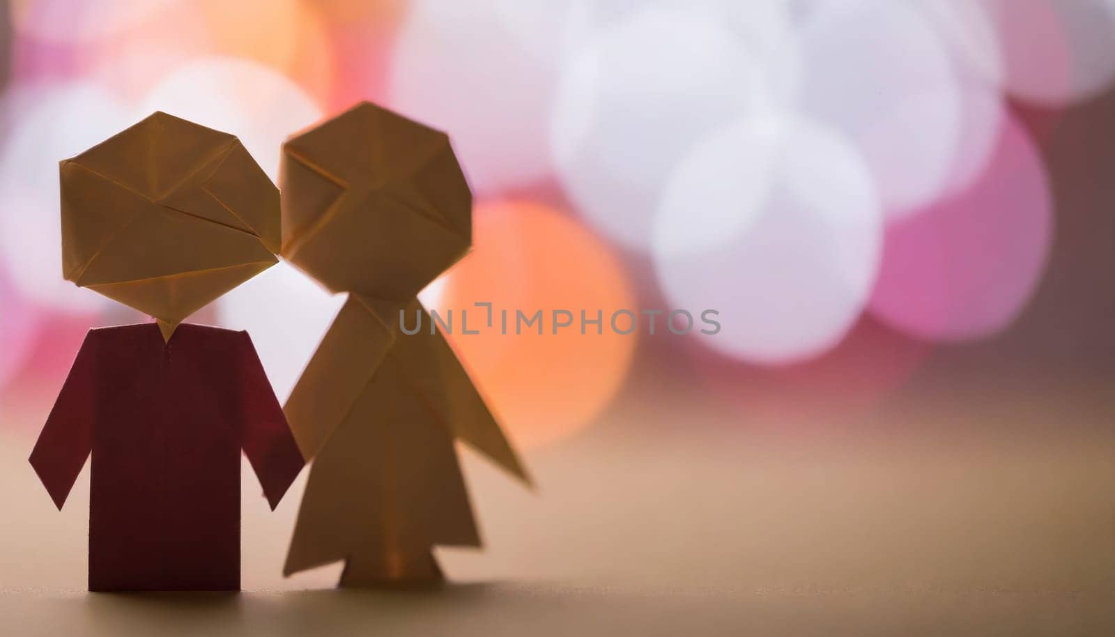  a couple, valentine concept, paper origami cool colors backlighting, paper art.