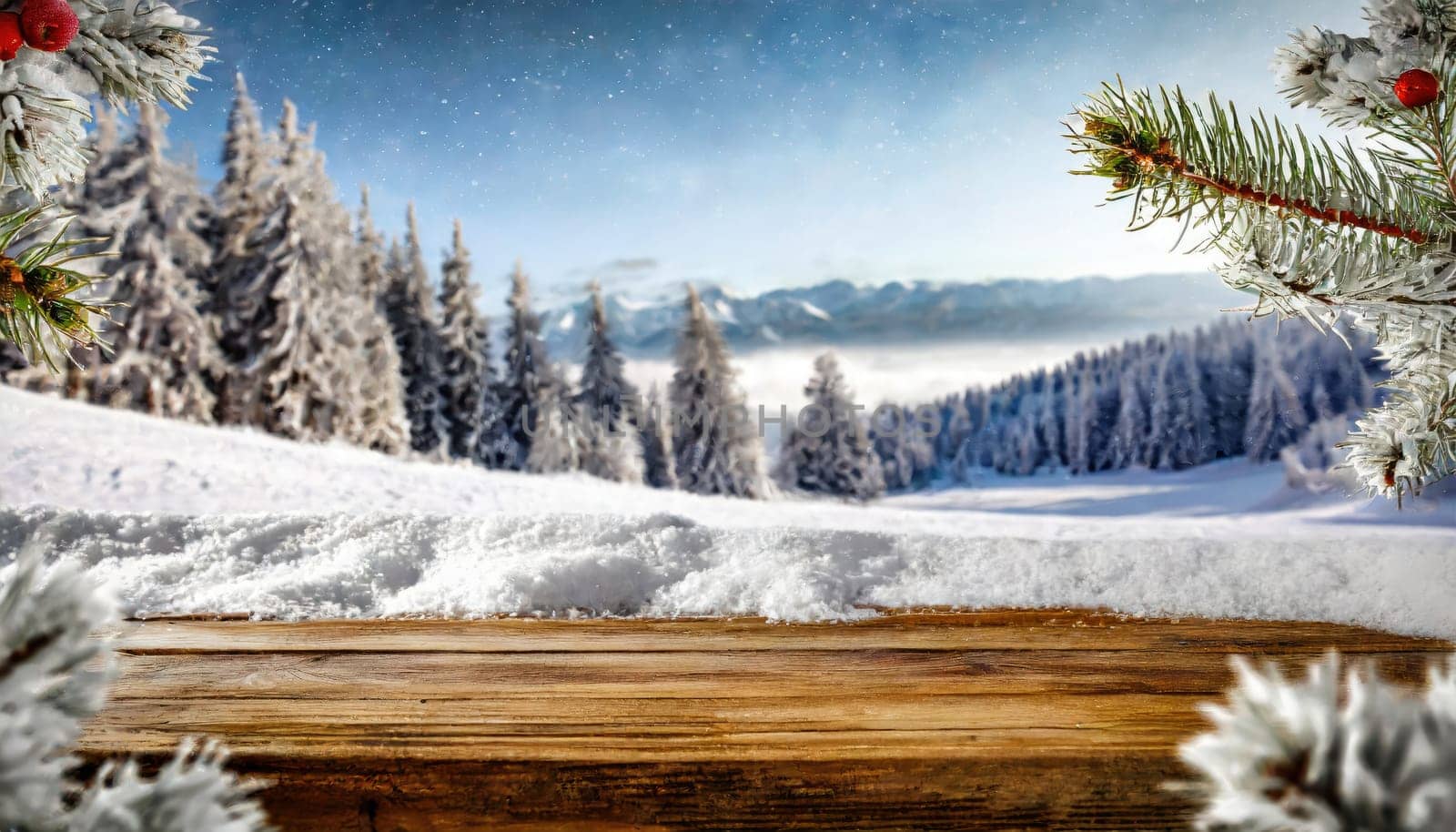 Wooden desk cover of snow and frost with christmas tree branch decoration.