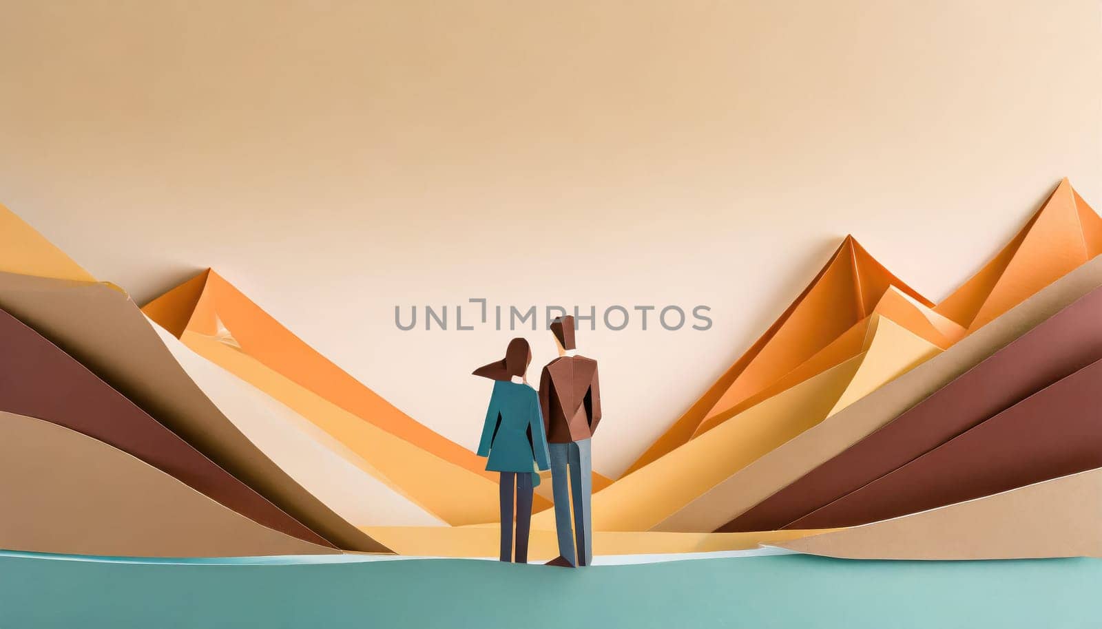  a couple, valentine concept, paper origami cool colors backlighting, paper art.