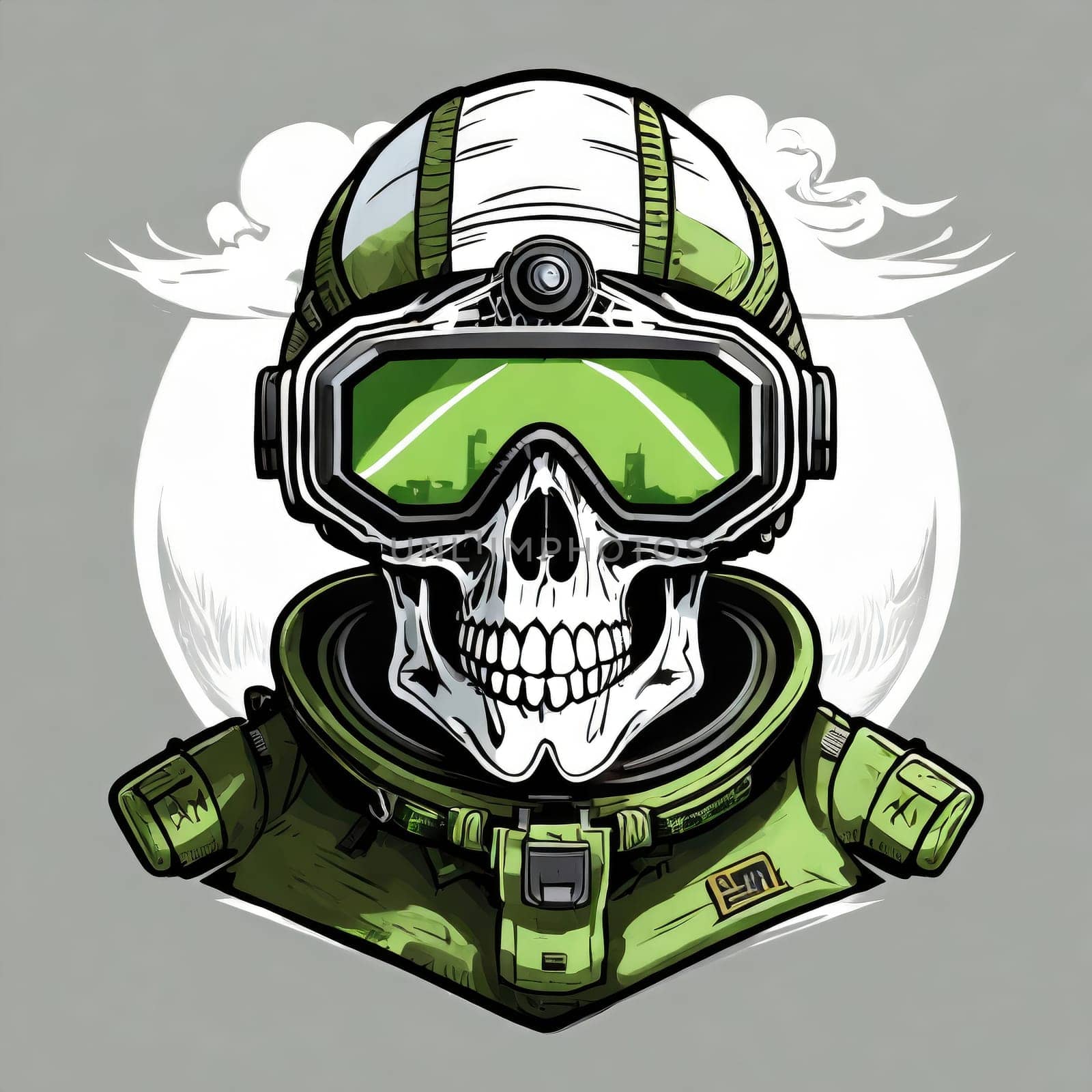 military logo skull night vision goggle, sticker for shirt or product design, on white white background 