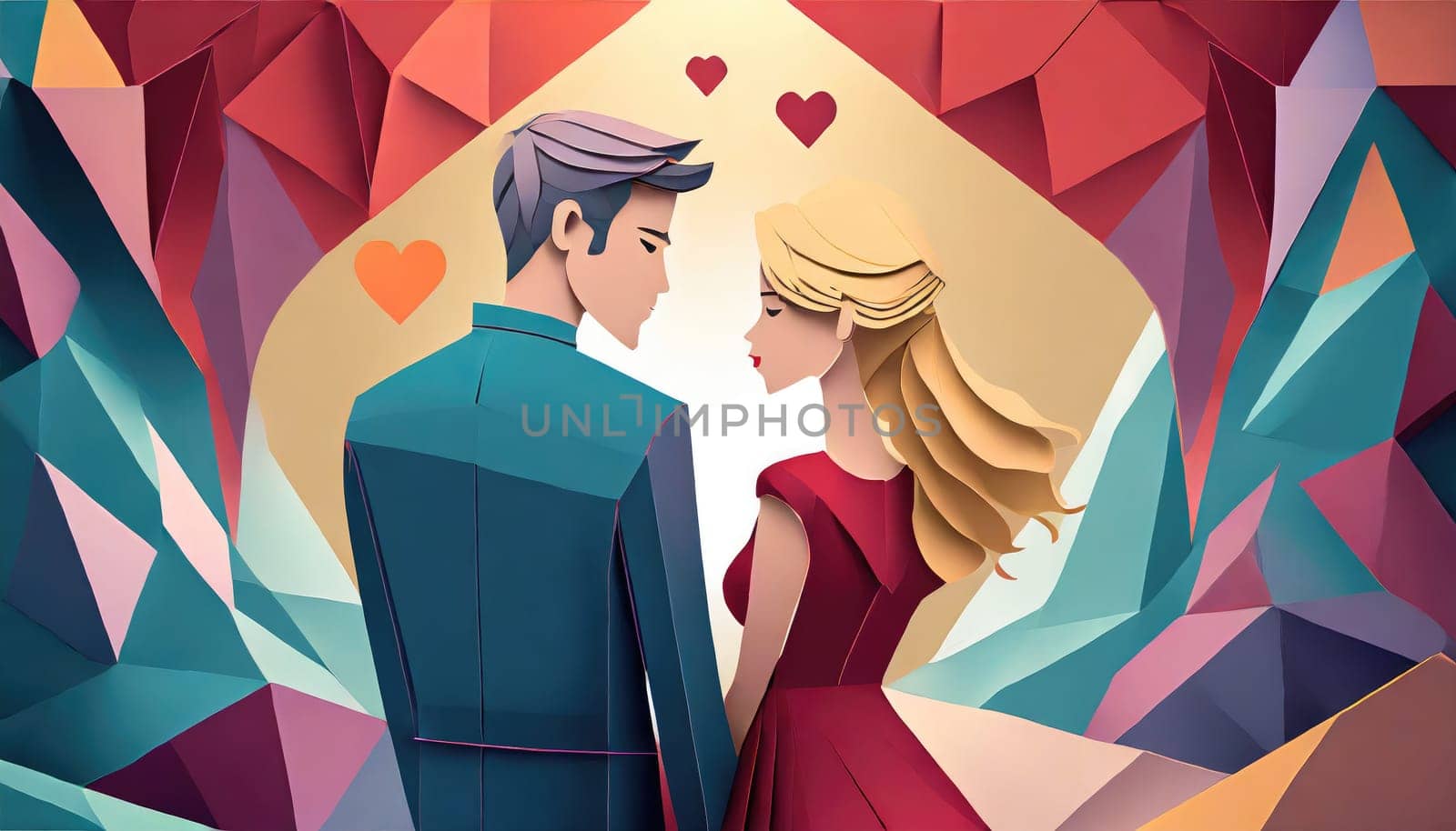  a couple, valentine concept, paper origami cool colors backlighting, paper art.