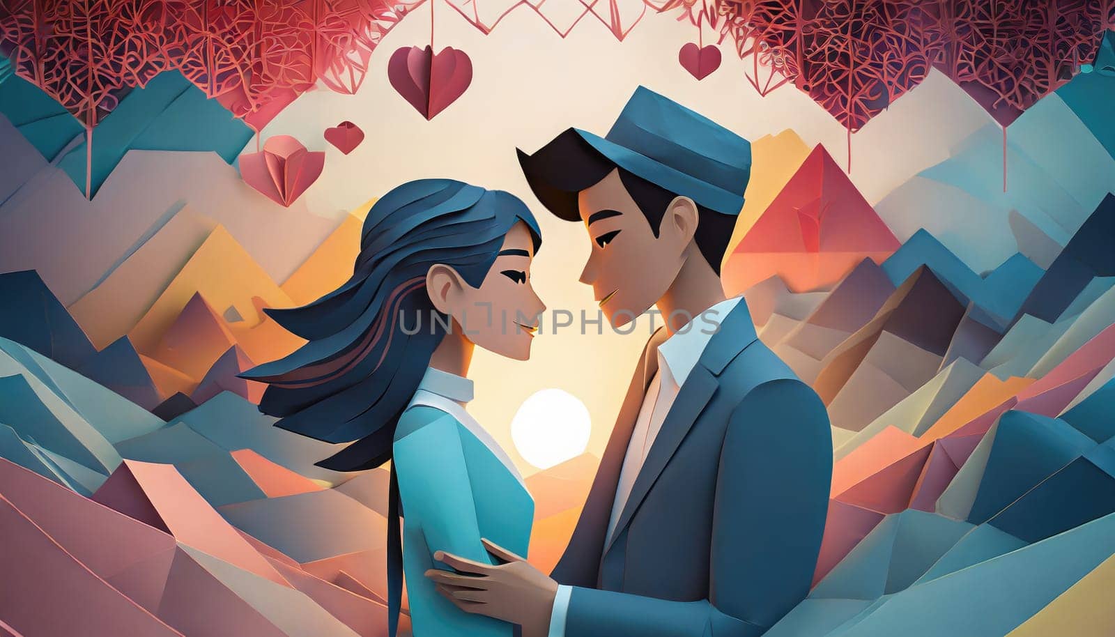  a couple, valentine concept, paper origami cool colors backlighting. by PeaceYAY