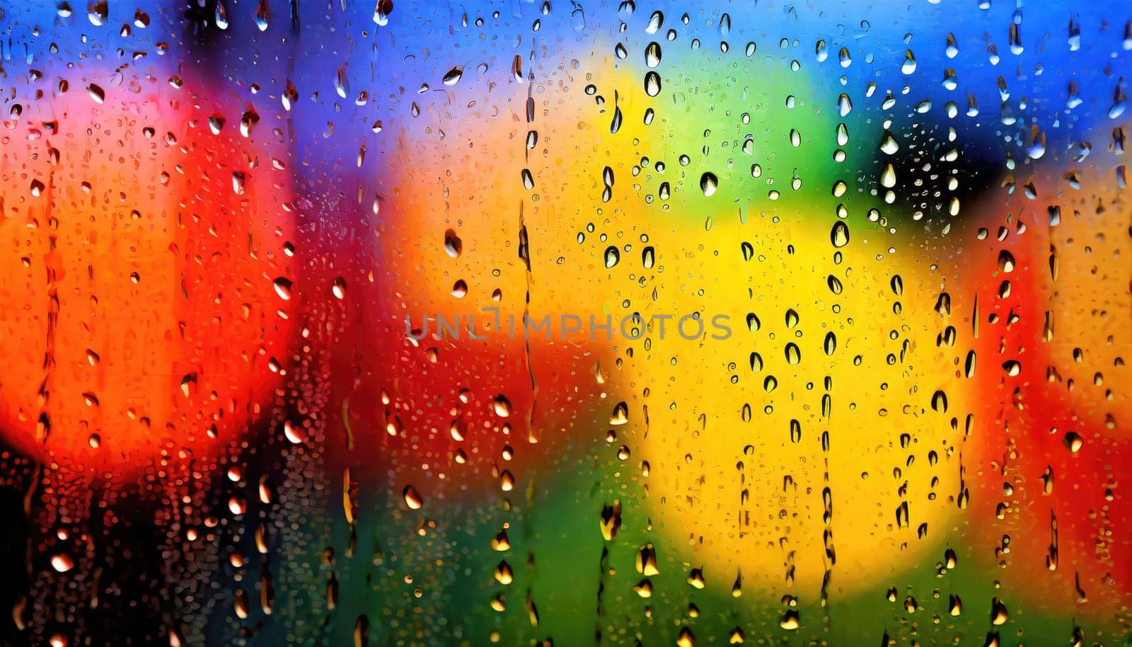 Closeup through window of rainy day with water dripping down glass against blurred