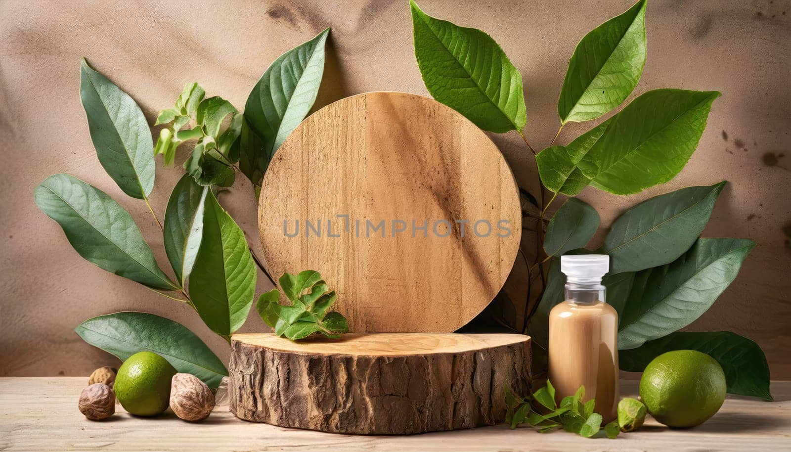 wood podium with green leaves for organic health products placement display mokcup template. 