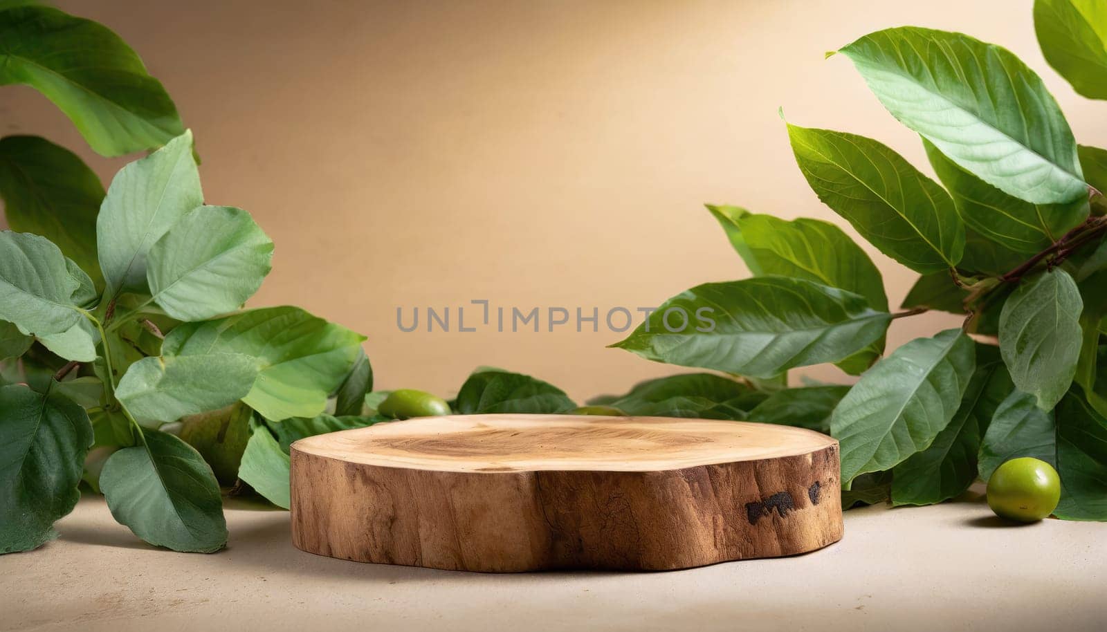 wood podium with green leaves for organic health products placement display mokcup template. 