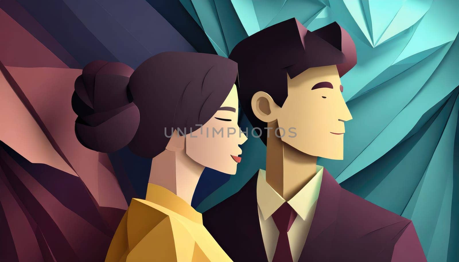  a couple, valentine concept, paper origami cool colors backlighting. by PeaceYAY