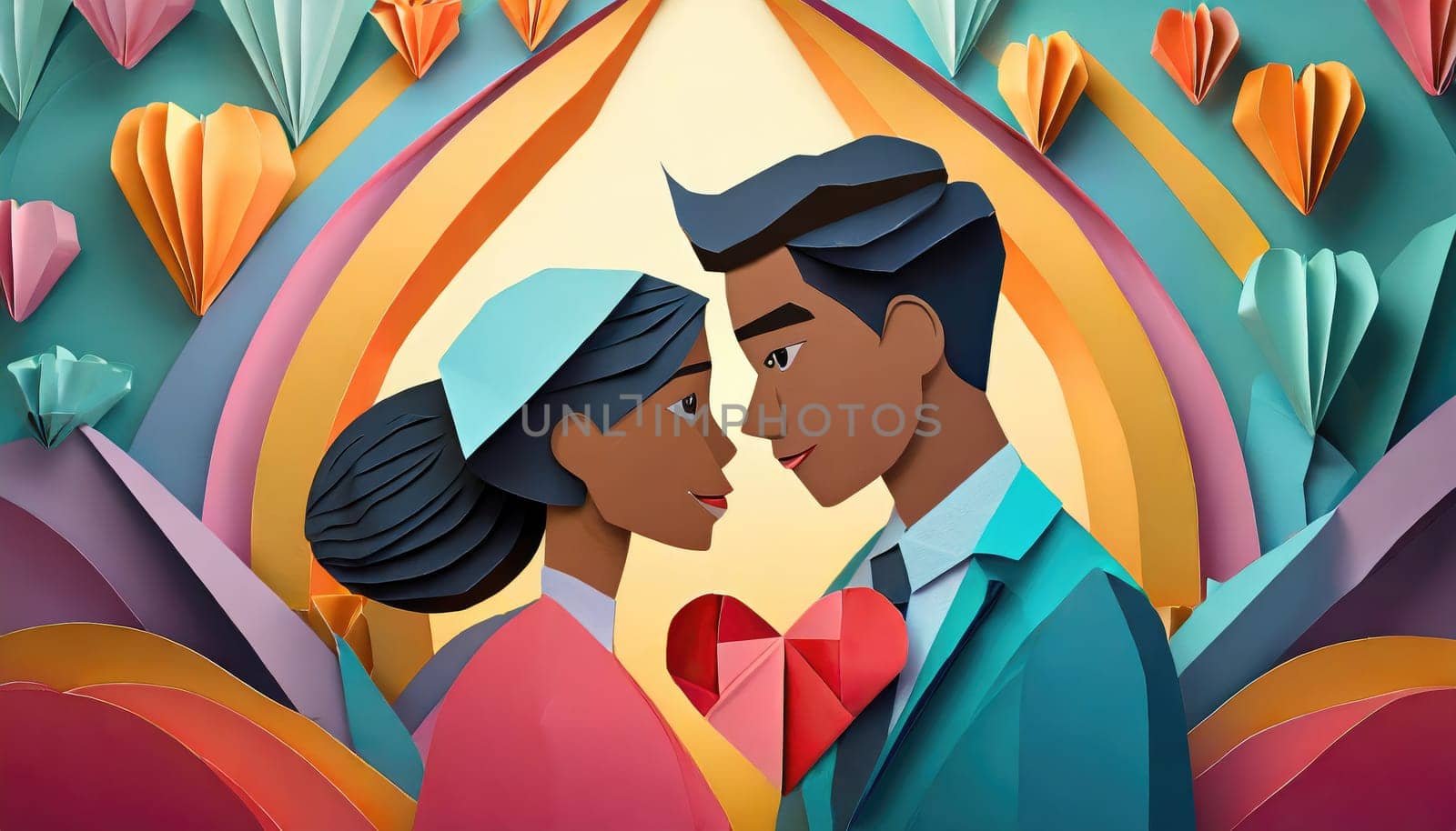  a couple, valentine concept, paper origami cool colors backlighting, paper art.