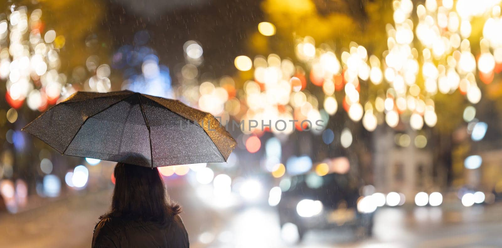 Woman Walking Down Street with Umbrella by Studia72