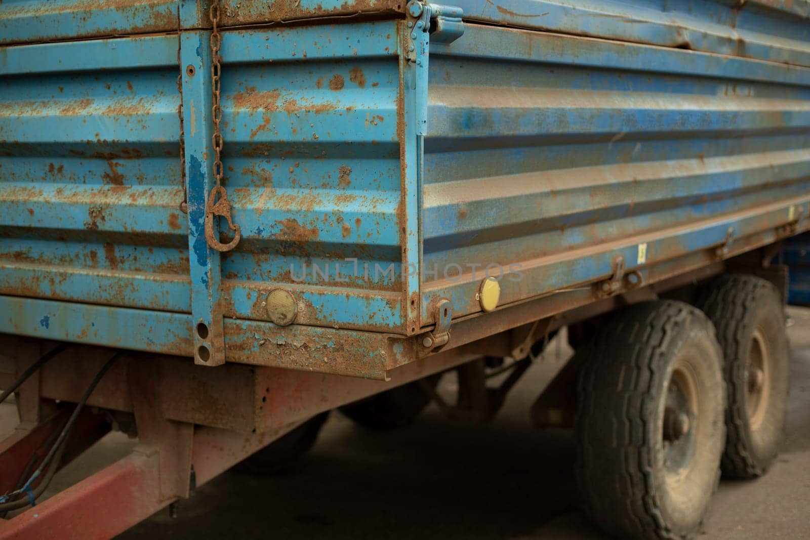 Tractor kitchens. Container for rural works. Freight transport in detail. Blue trailer. Trailer on wheels.