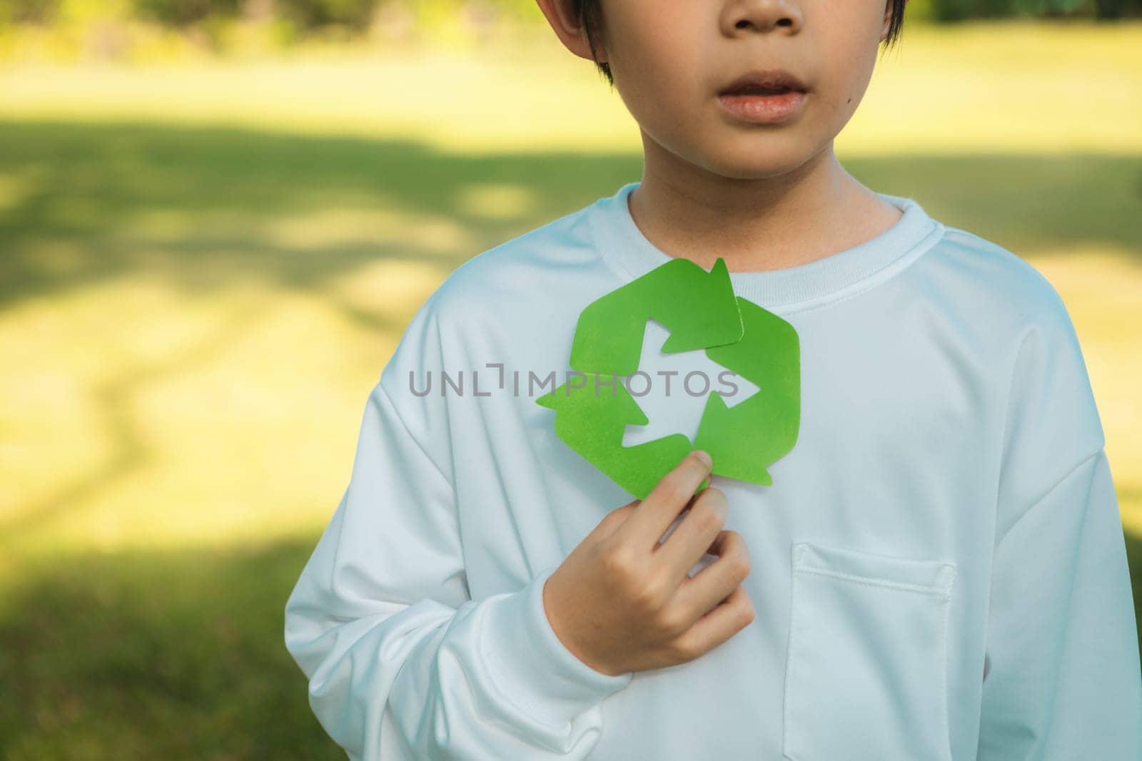 Cheerful young asian boy holding recycle symbol on daylight natural green park promoting waste recycle, reduce, and reuse encouragement for eco sustainable awareness for future generation. Gyre