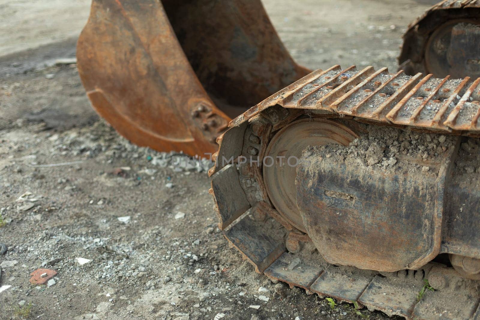 Escalator track. Details of heavy machinery. Rusty detail.