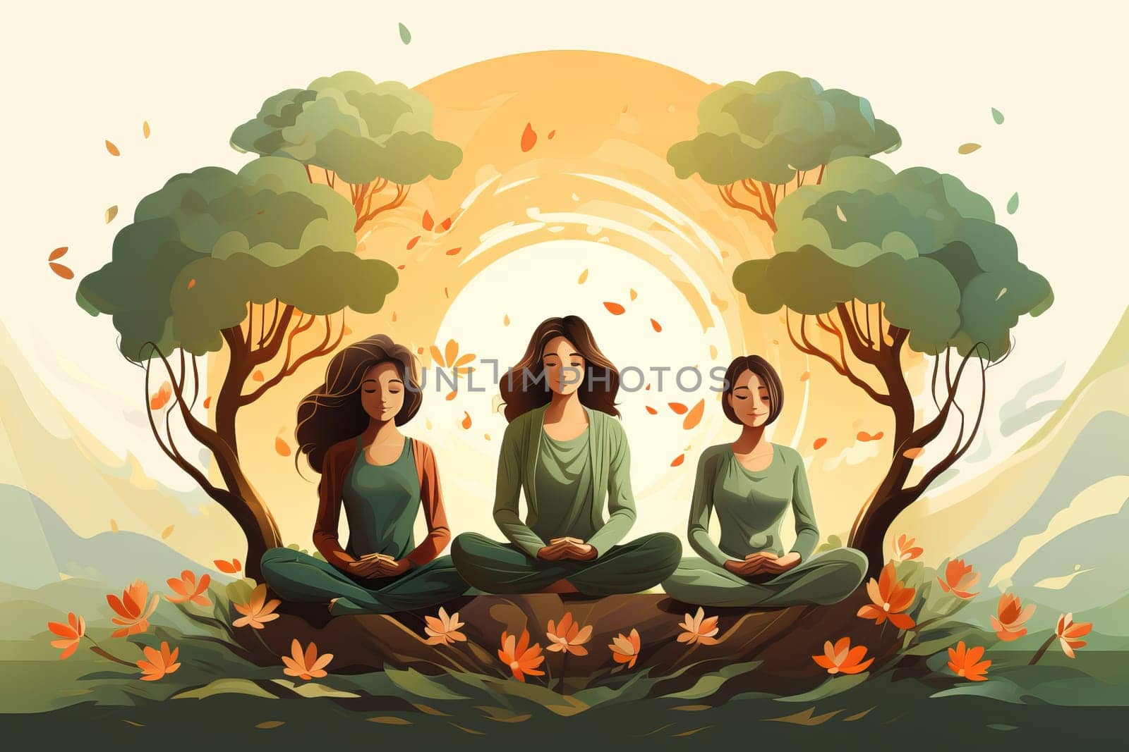 illustration for yoga concept, three girls sit in nature in lotus position and meditate.
