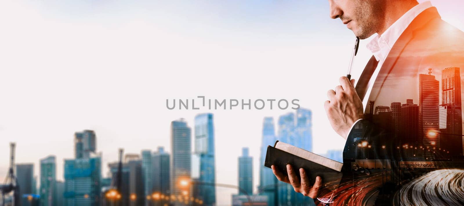 Double Exposure Image of Business Person on modern city background. Future business and communication technology concept. Surreal futuristic cityscape and abstract multiple exposure interface. uds