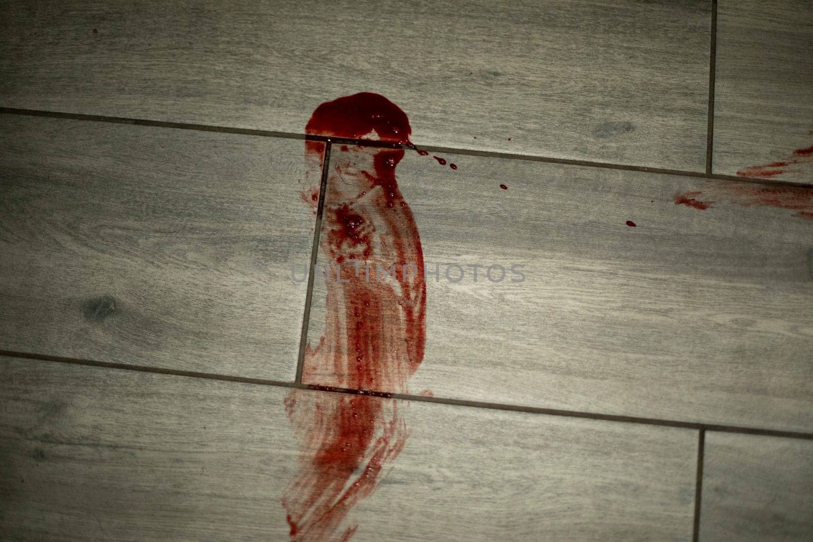 Blood on laminate. Bloody trail on floor. Dirt in room. by OlegKopyov