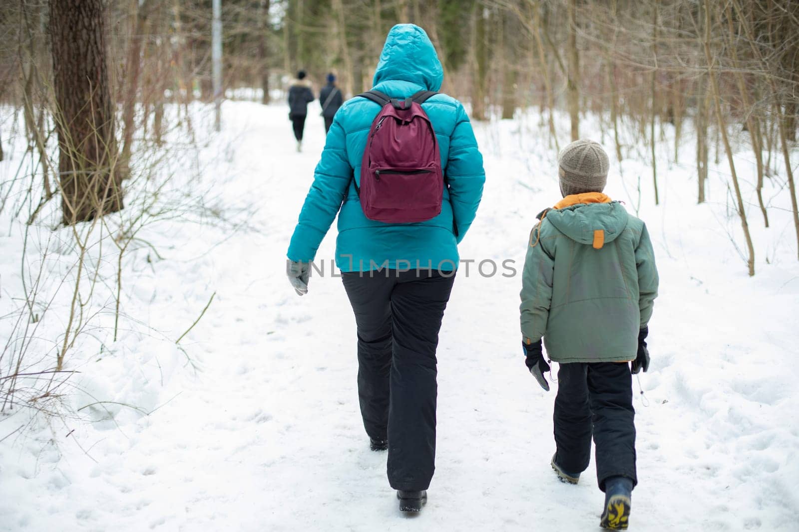 Mother and son in park. People walk in winter along path in park. by OlegKopyov