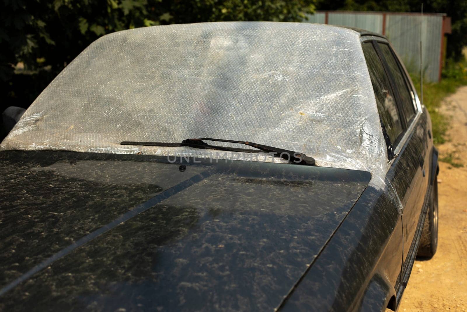 Machine without front window. No glass in car. Broken window in transport. by OlegKopyov