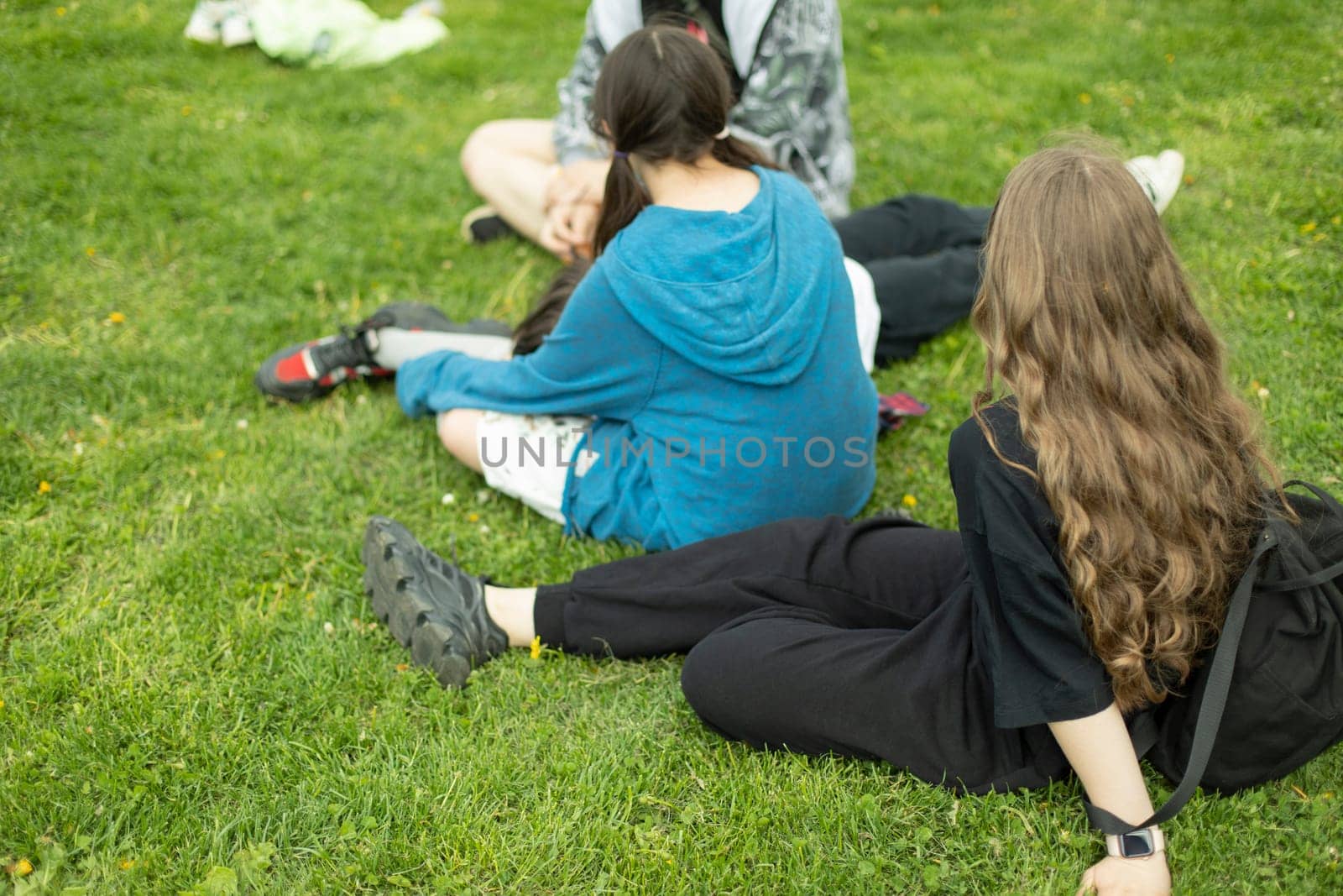 Children in summer relax on green grass. Girls in park. by OlegKopyov