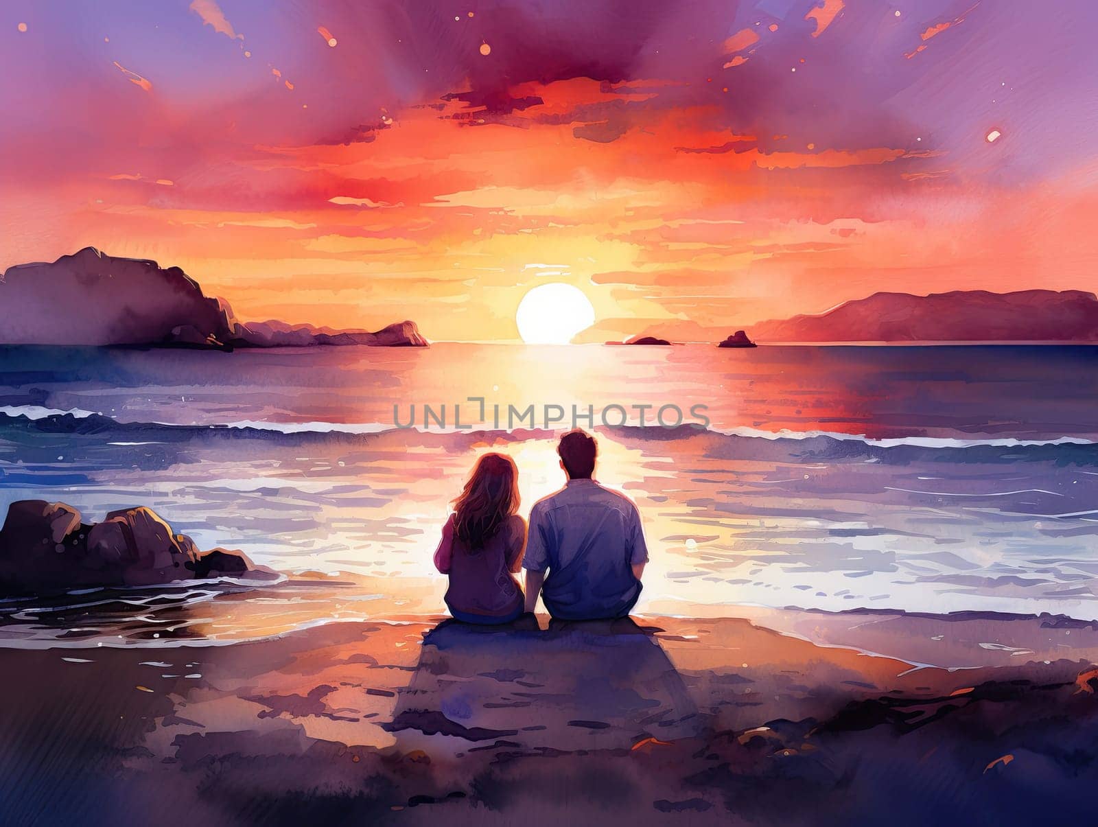 Water color painting romantic scene of young couple sitting on a beach at sunset by papatonic