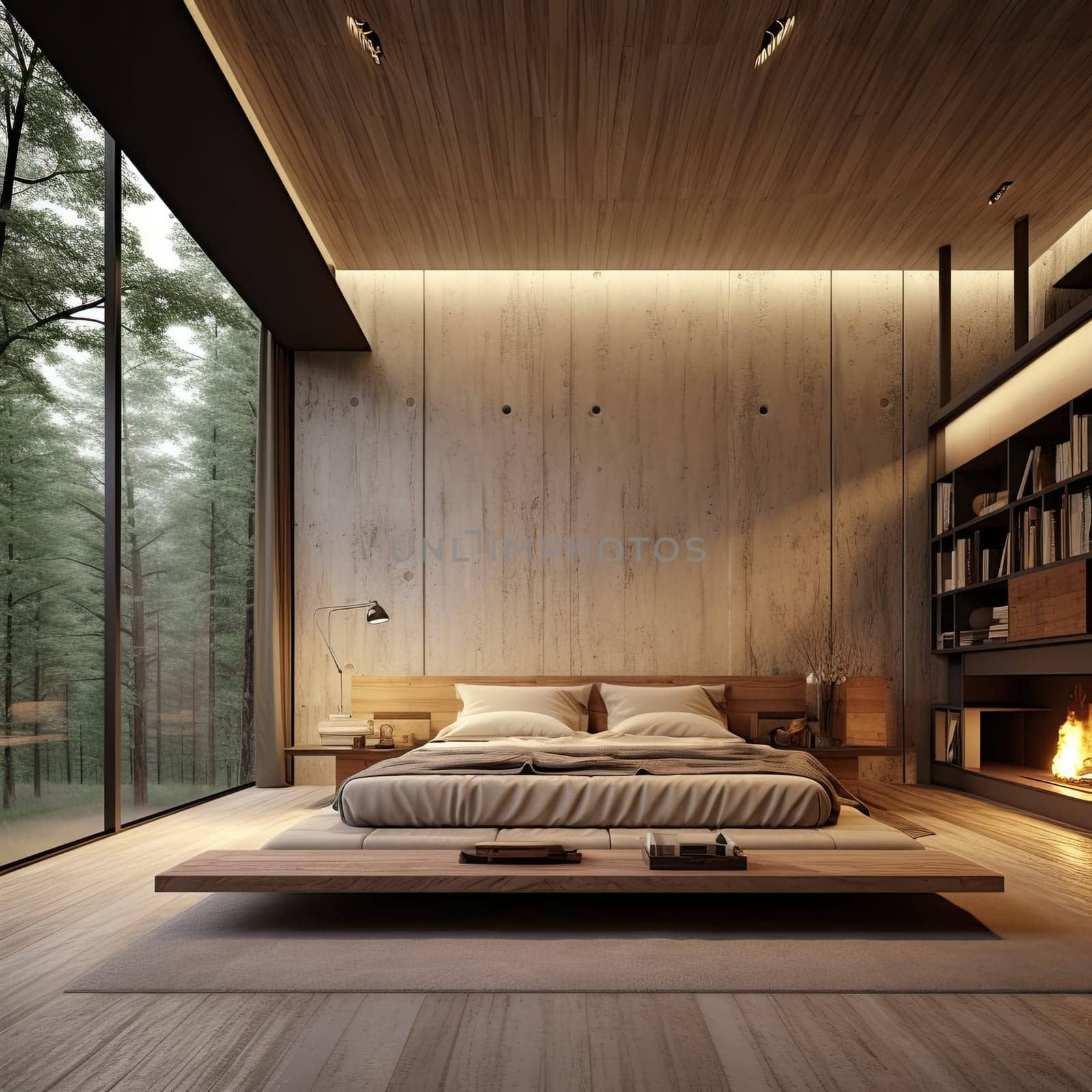 Interior of a modern luxurious bedroom with wooden furniture in a tropical place surrounded by nature.