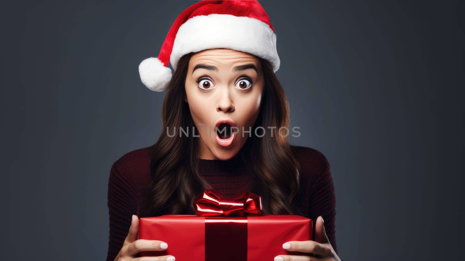 Surprised girl in Santa Claus hat holding gift box. Christmas holidays. Boxing Day shopping. Holiday shopping.