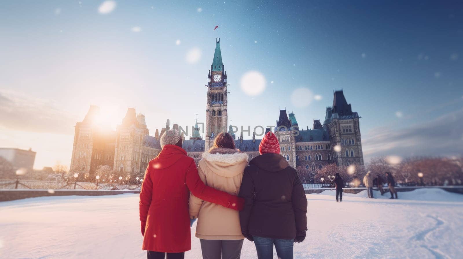 Happy Canadian wearing winter clothes celebrating Christmas holiday at Parliament Hill. People having fun hanging out together walking on city street. Winter holidays and relationship concept by JuliaDorian