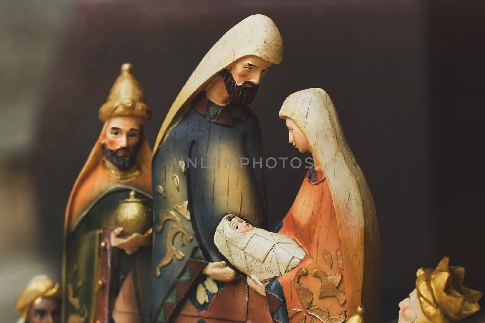 Wooden figurines of Joseph Mary and Jesus of a nativity scene Christmas creche by Godi
