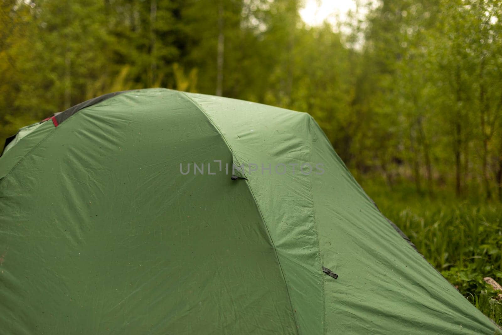 Tourist tent in forest. Tent for sleeping in nature. Equipment for going to park. Awning protects against rain.