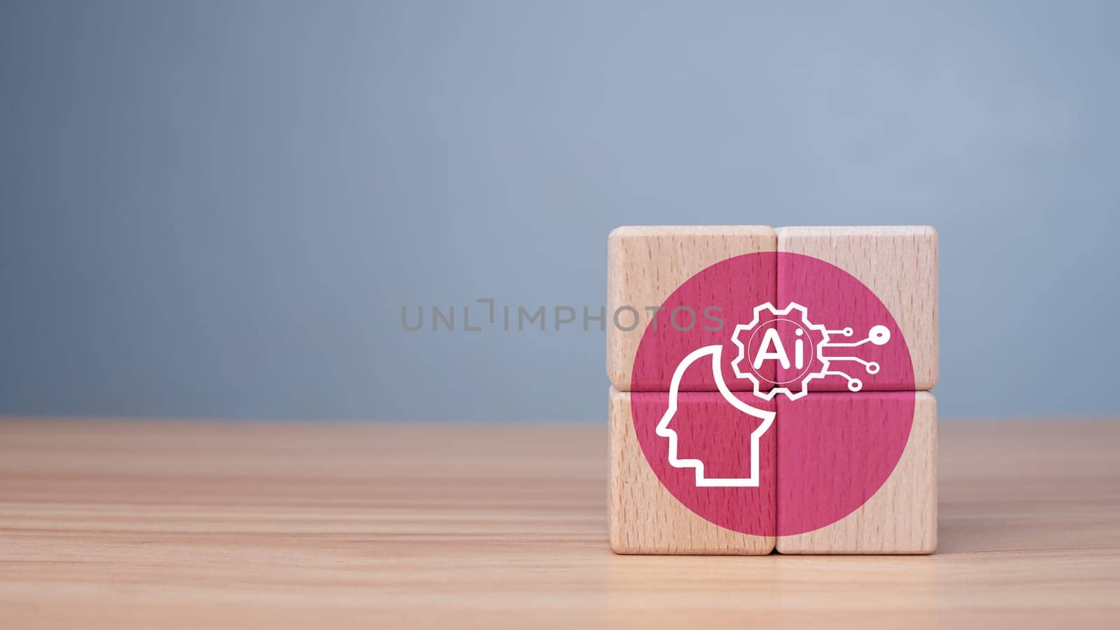 Wooden cube with Ai icon on wooden background, Artificial Intelligence, Ai technology. Artificial Intelligence to help solve work problems and improve the efficiency of work. Futuristic technology. by Unimages2527