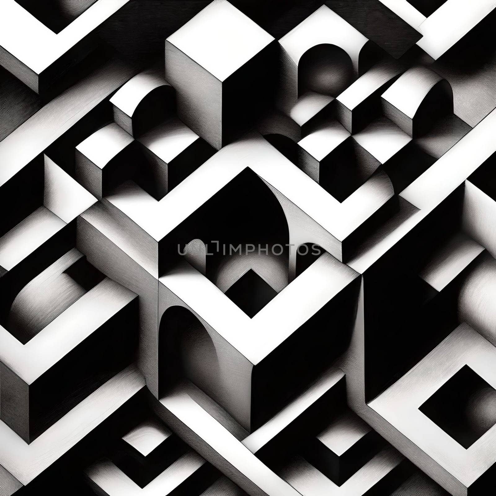 Monochrome abstract geometric shapes forming an optical illusion.