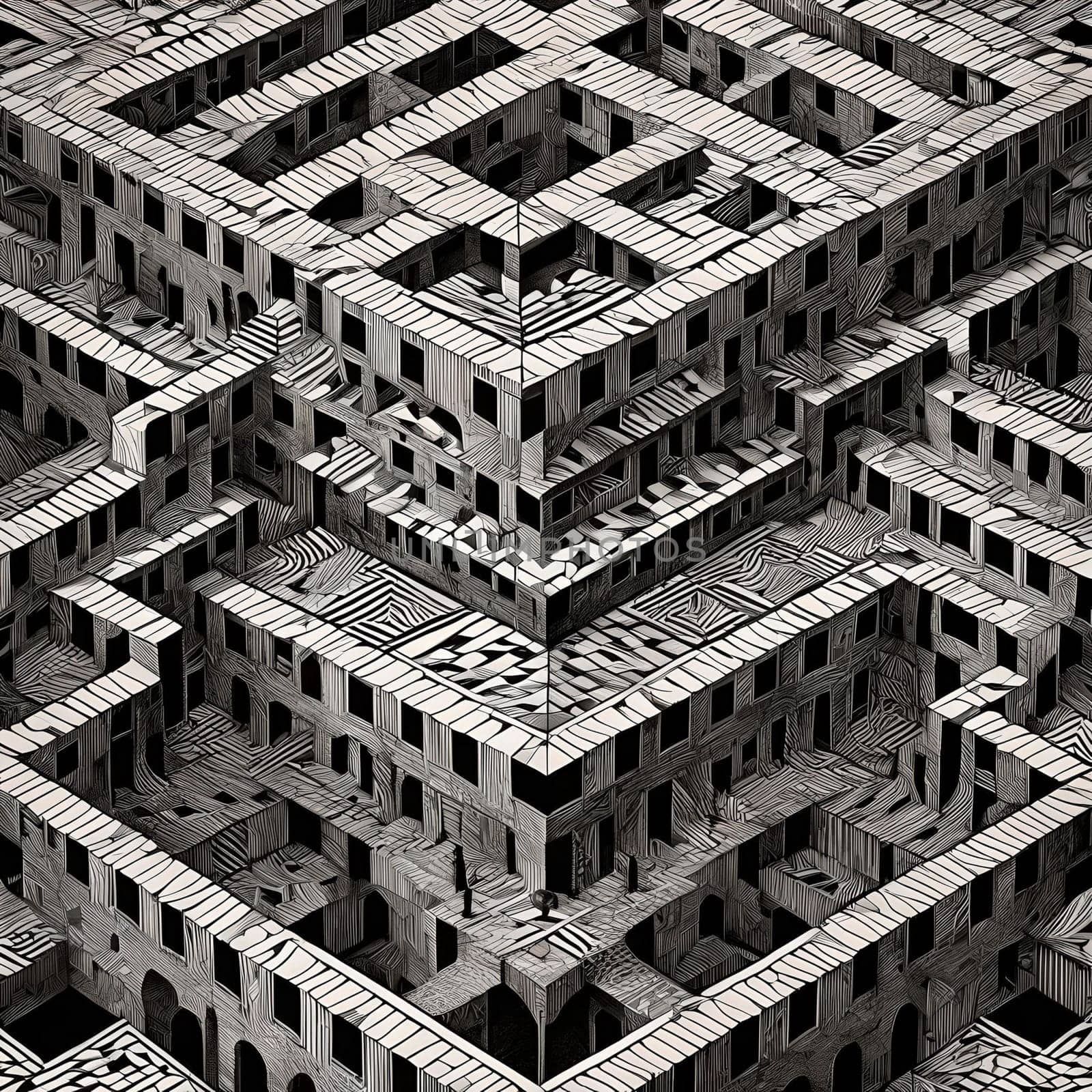 Monochrome abstract geometric shapes forming an optical illusion.