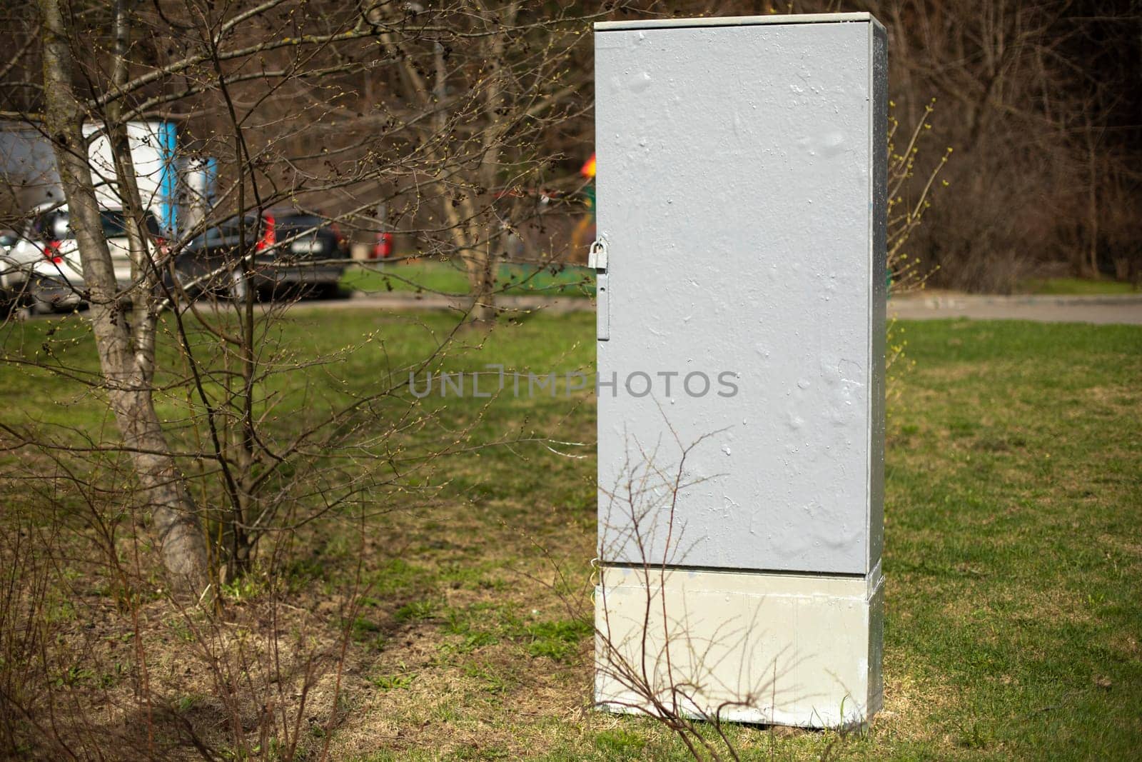 Electricity control panel. Technical structure is gray in color. Electrical panel.