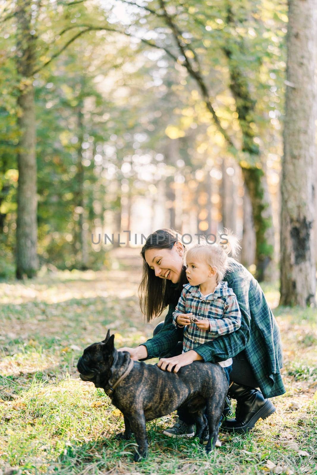 Little girl stands next to her mother stroking a black french bulldog in the forest by Nadtochiy