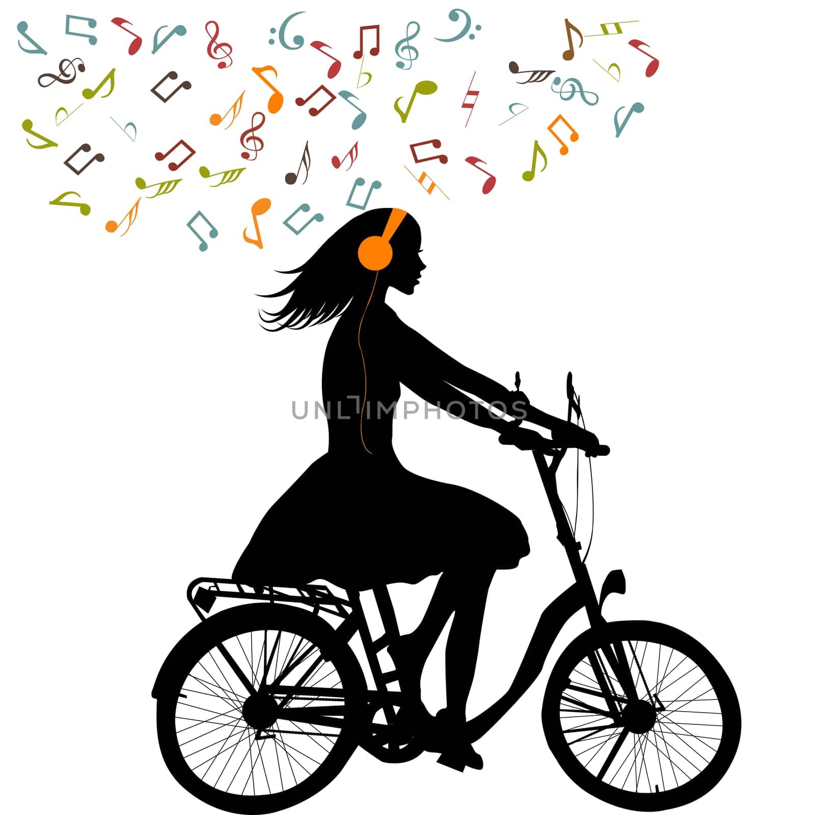 Stylized woman riding a bicycle and listening to music in headphones