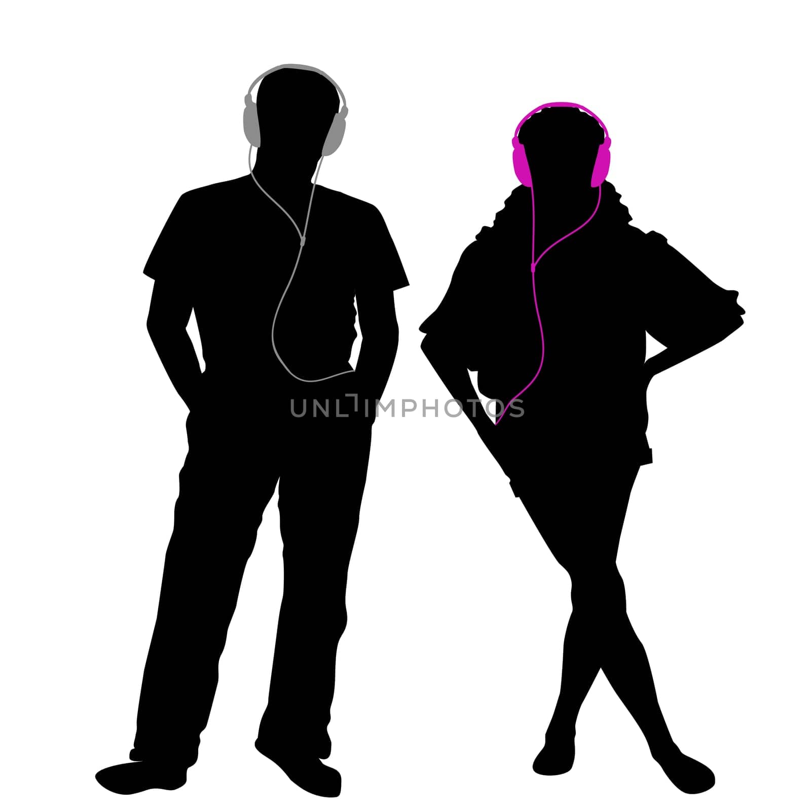 Silhouettes of man and woman with headphones