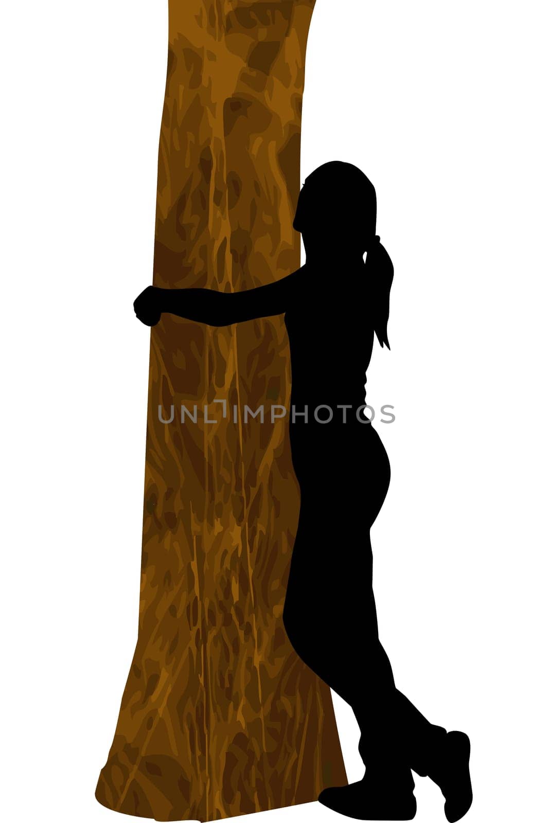 Silhouette of a young woman hugging a tree trunk