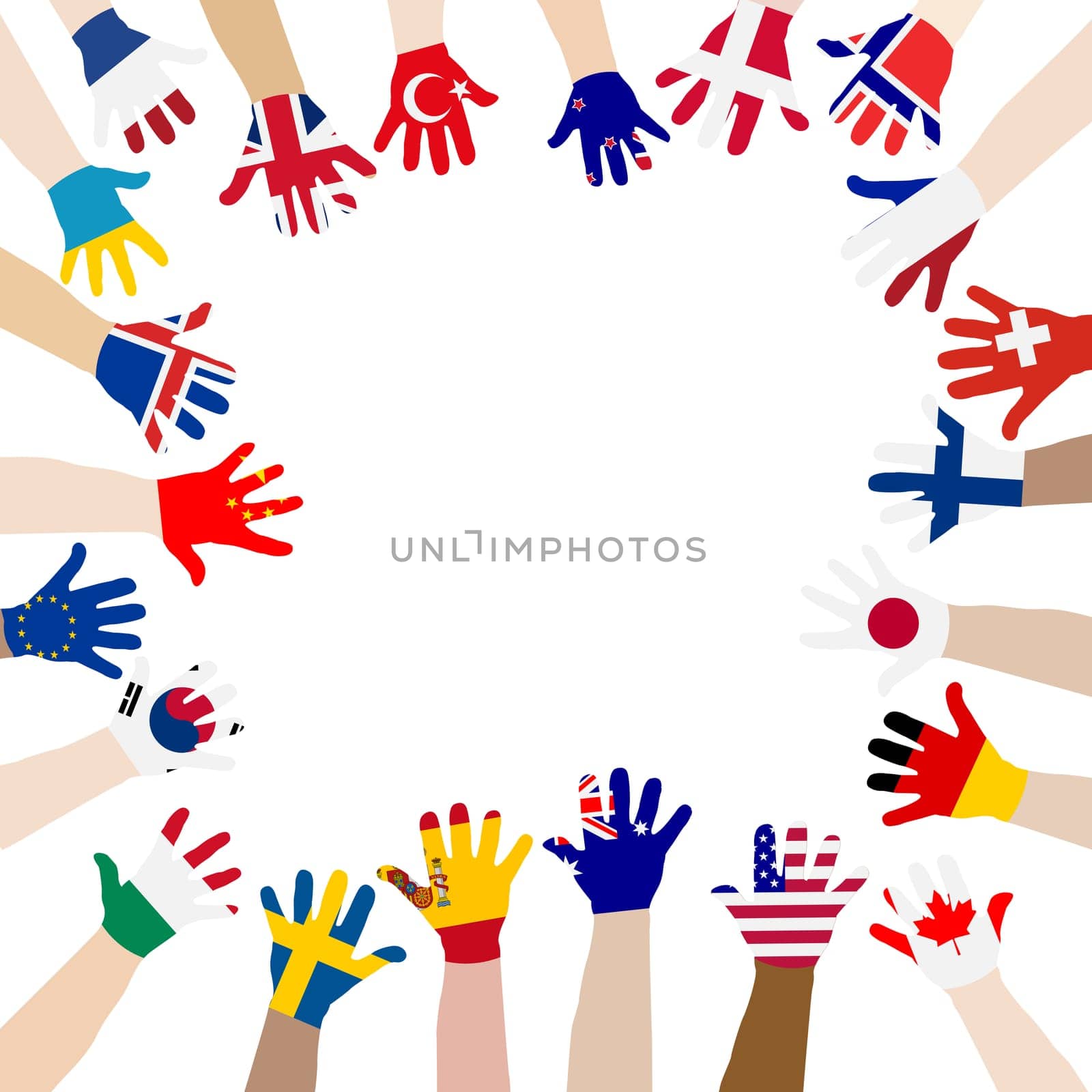 Peace concept with raised hands painted in the colors of the world flags by hibrida13