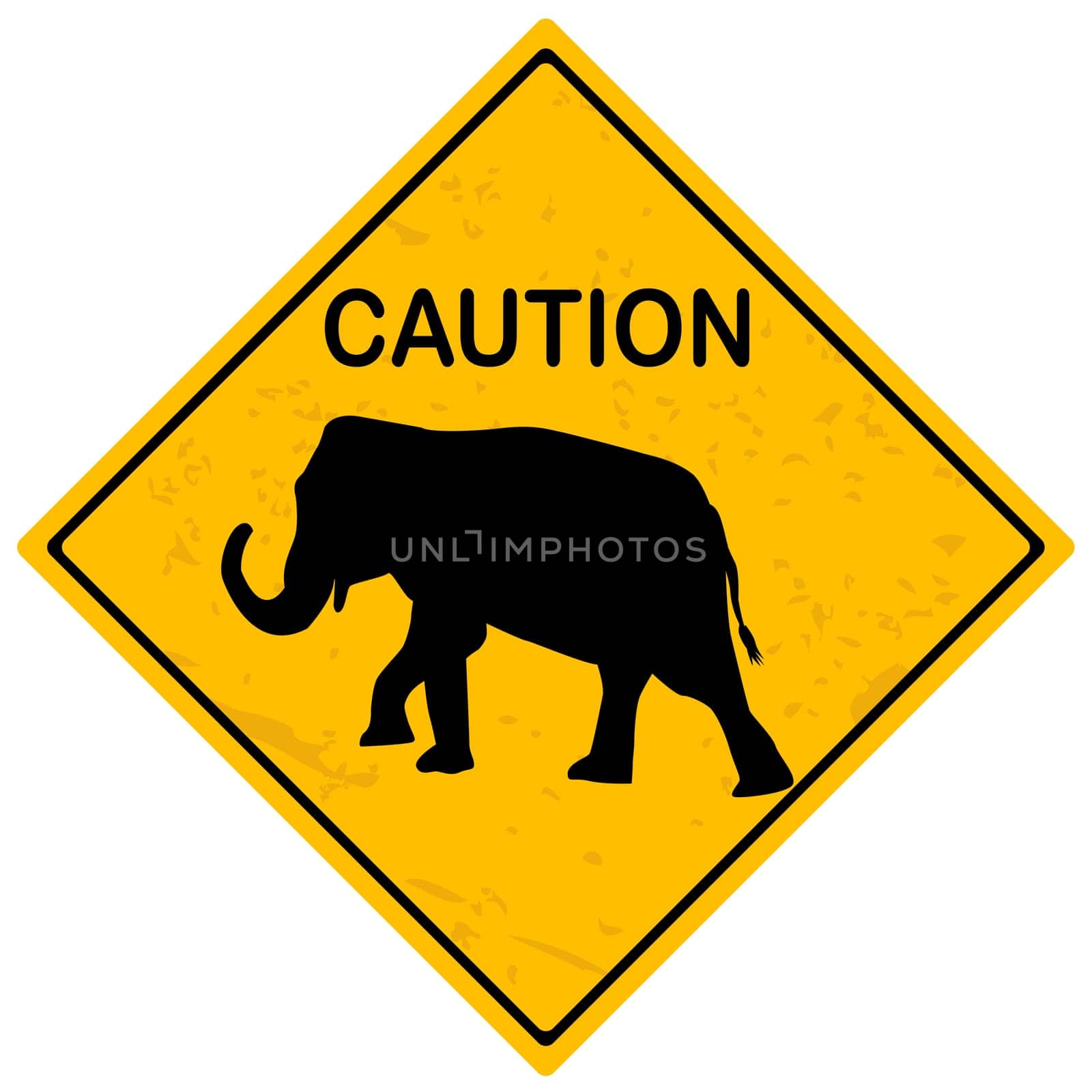 Elephant caution sign isolated on white background