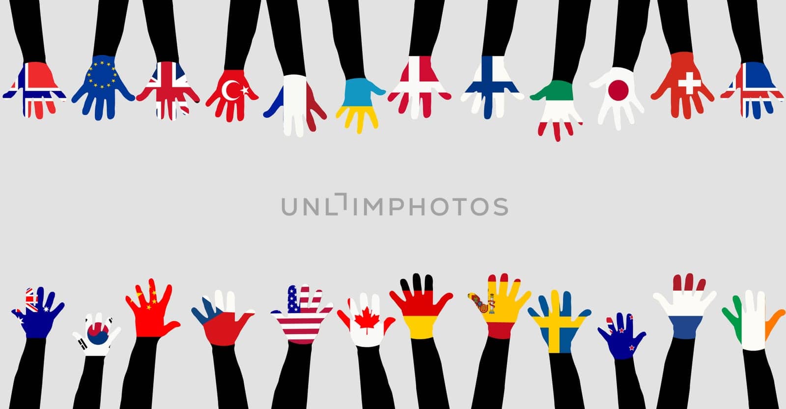 Children's hands painted in the colors of the world flags by hibrida13