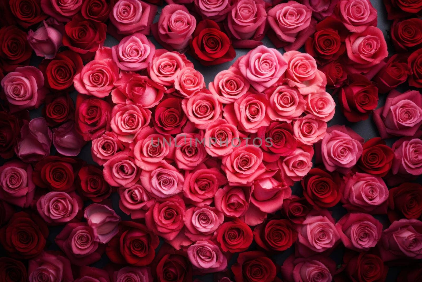 Rose flowers are artfully arranged in the shape of a heart, creating a romantic floral masterpiece. Valentine's Day background. Top view background.