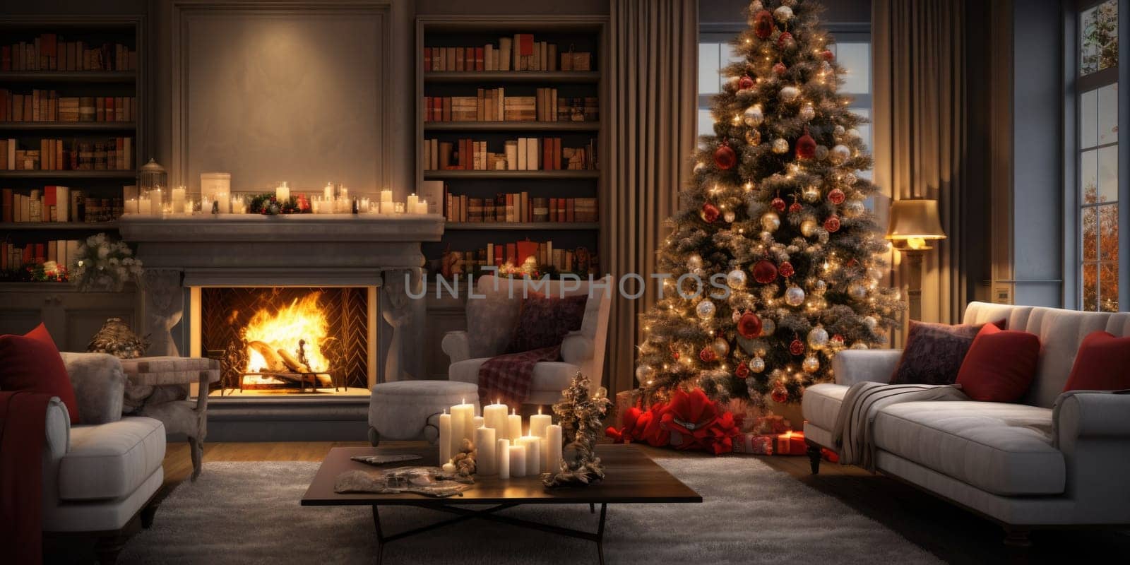 Interior of decorated living room with Christmas tree and comfortable sofa for family comeliness