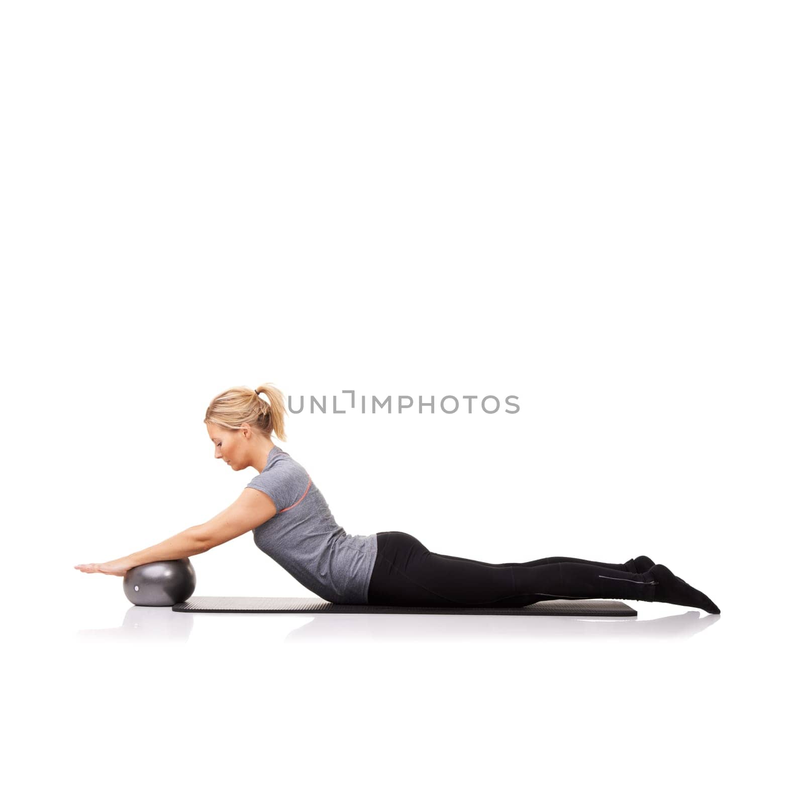 Stretching arms, yoga or woman on ball in workout, exercise or body health isolated on a white studio background mockup space. Flexible, mat or person on equipment for balance, pilates or fitness.