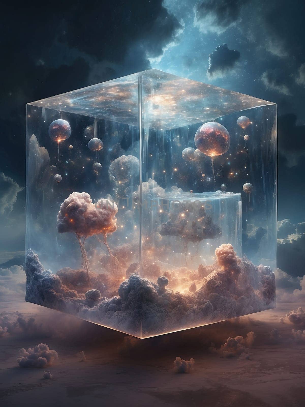 Fantastic illustration in a transparent cube by applesstock