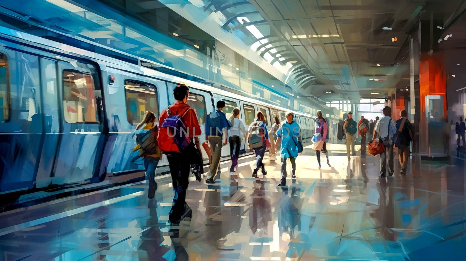 A crowd of commuters captured in a moment of rush hour urgency in the metro, the essence of urban life. cartoon